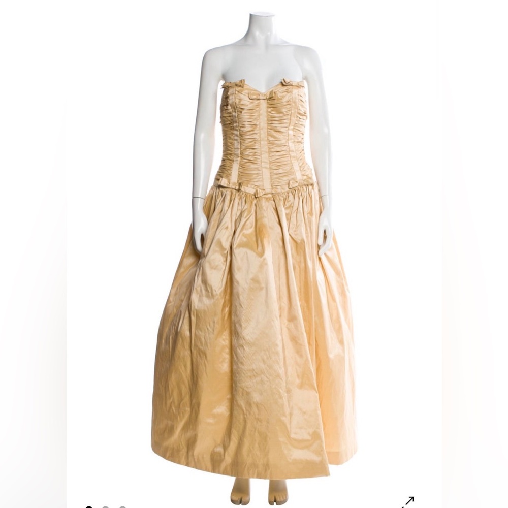 Strapless Ruched Bodice Gown w Drop Waist in Champagne | Fabian Molina | Vintage